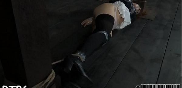  Tied up beauty receives vicious pleasuring for her twat